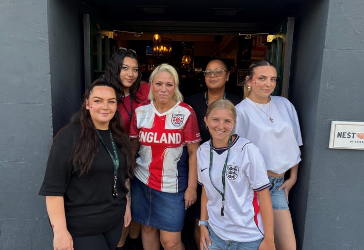 Samantha Lane and her bar staff team at The Palmer Tavern in Wokingham Road, East Reading, during the 2026 Football World Cup. Credit: Samantha Lane, The Palmer Tavern