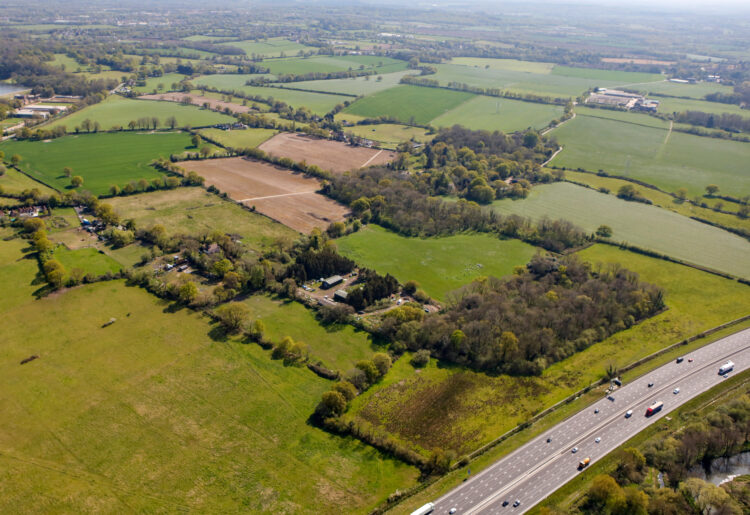 An aerial photo of the fields that will make up the Loddon Valley Garden Village major development. Credit: University of Reading