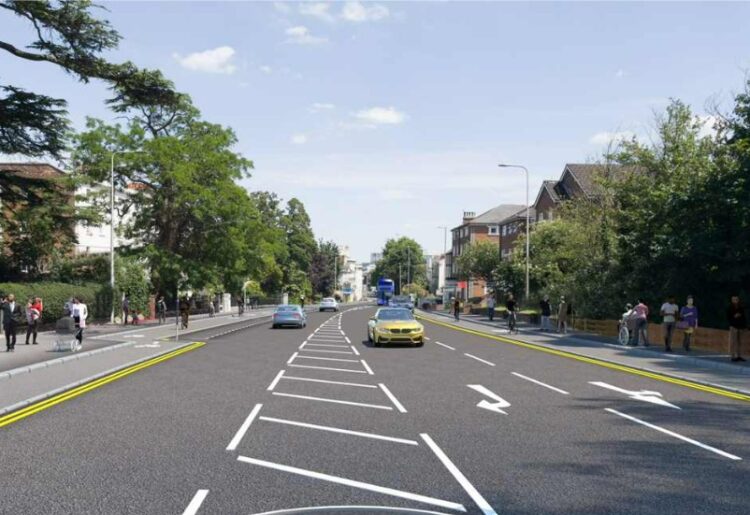 A CGI of the Castle Hill Bath Road active travel scheme in Reading, with this stretch showing the view towards the Castle Hill roundabout. Credit: Reading Borough Council