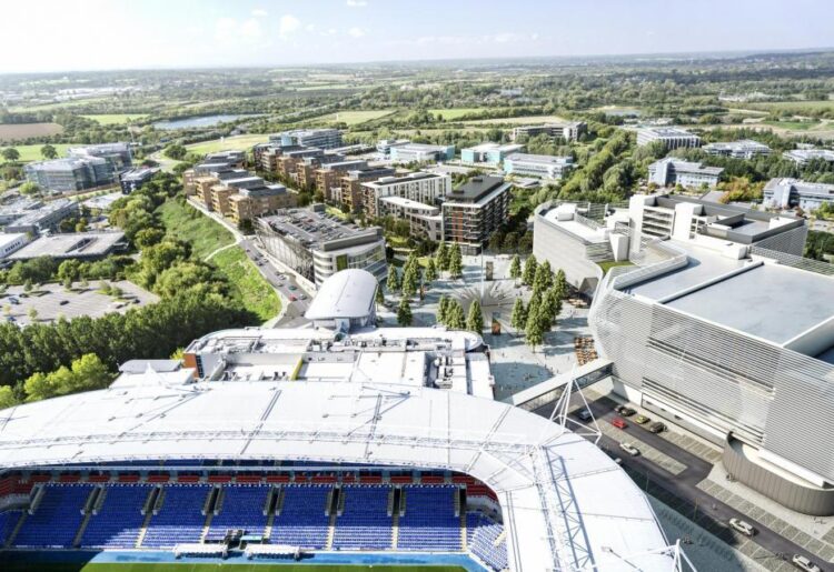 A CGI of Royal Elm Park, a vision for hundreds of apartments and leisure facilities next to the Select Car Leasing Stadium. Credit: Reading FC