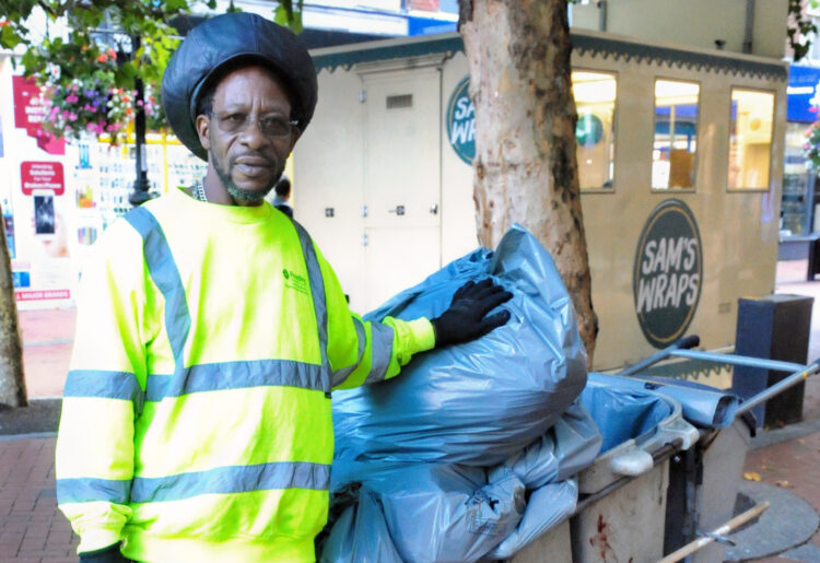 Leroy Roach, aged 60, as street cleaner in Broad Street, has complained about being left homeless despite working for Reading Borough Council